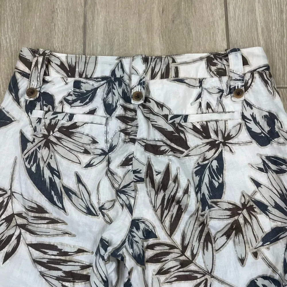 J Crew Linen Pants Womens 2 Ivory Tropical Leaf Print Cropped Lined Resort